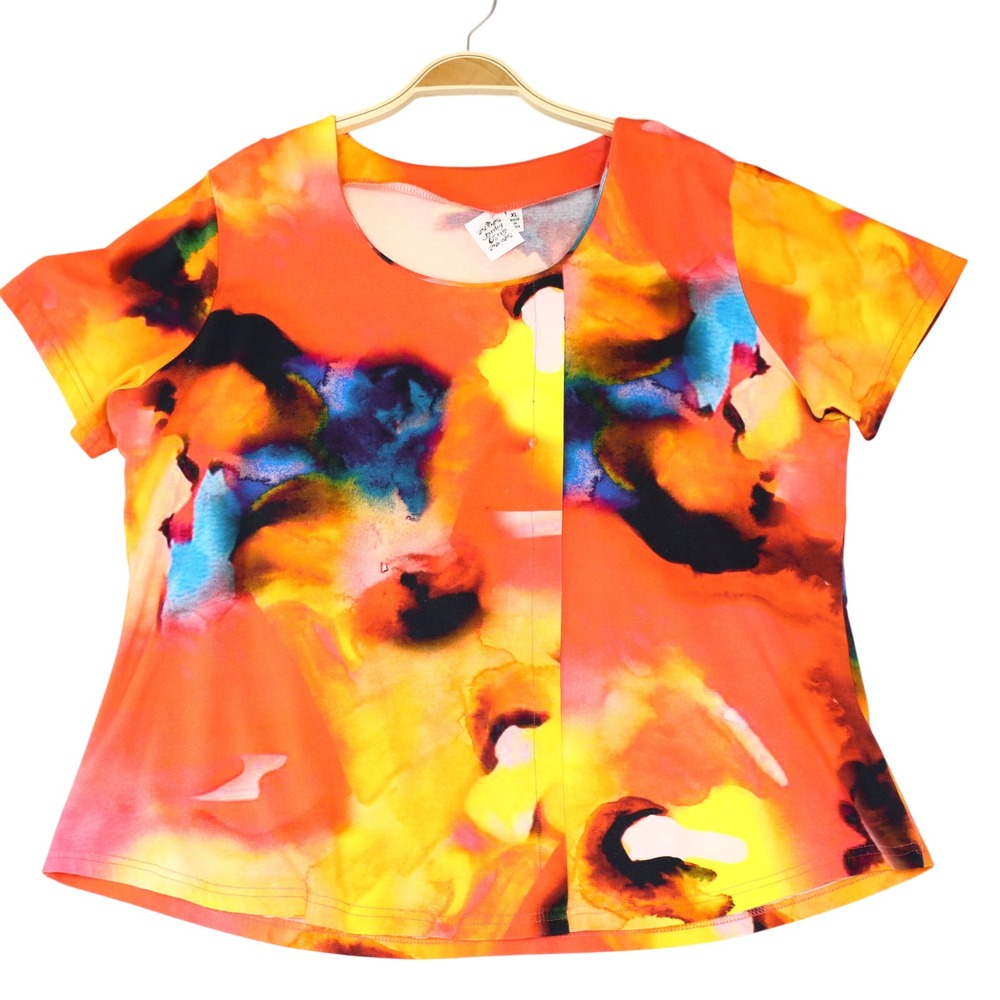 Parsley & Sage Abstract Watercolor Stretch Cotton Top XL Orange Tie‎ Dye Artsy